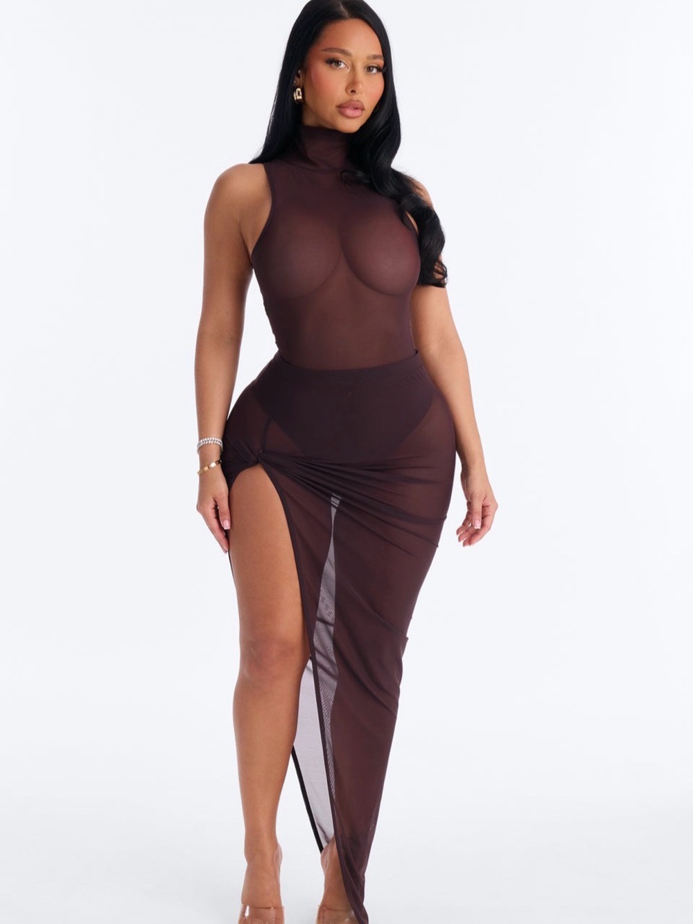 Fashion Nova Sleeveless High-Neck Sheer Bodysuit - Brown - Picture 5 of 7
